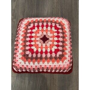 Handmade Crochet Granny Square Throw Pillow 11” Pink Red Retro Cottagecore